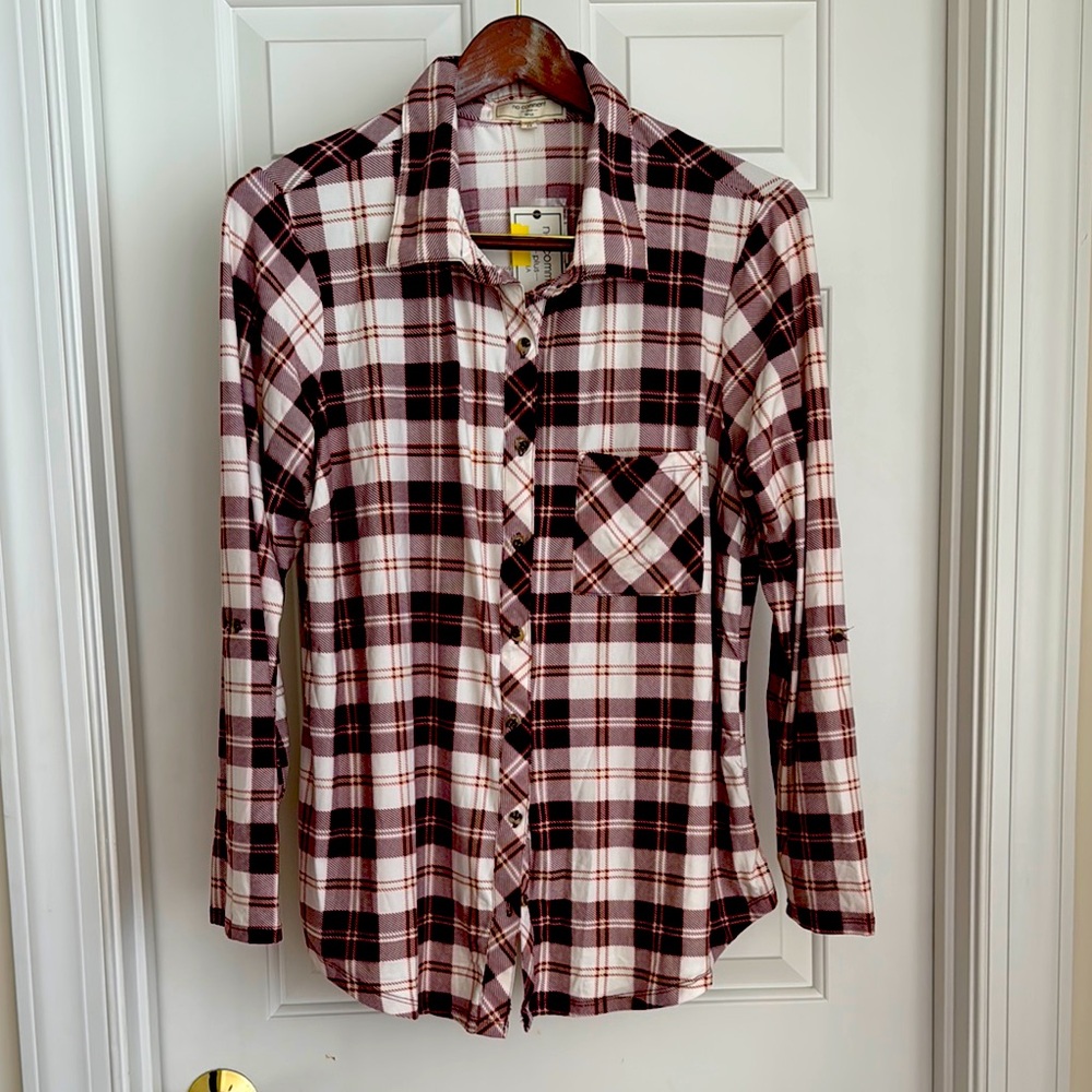 No Comment Button-Up Shirt Size 2X Plaid Long Rollup Sleeves Pockets Collar